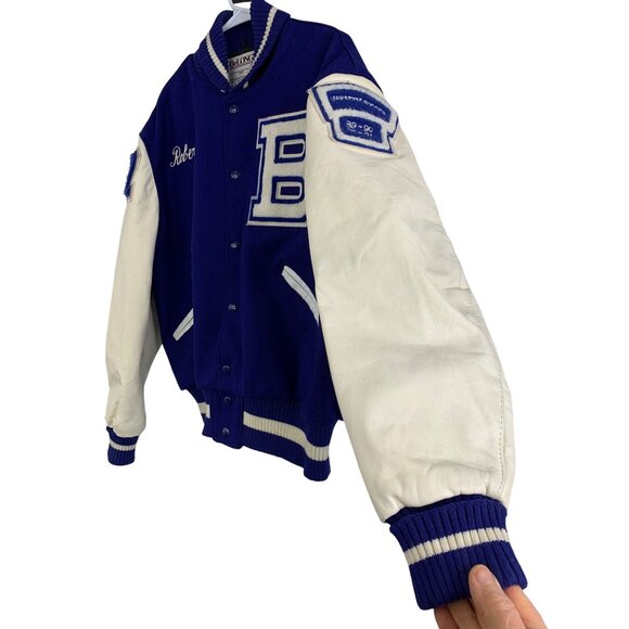 Vintage 90s DeLONG Mens Varsity Letterman Jacket Mr Warren Wool Leather M/L Blue - Picture 9 of 10